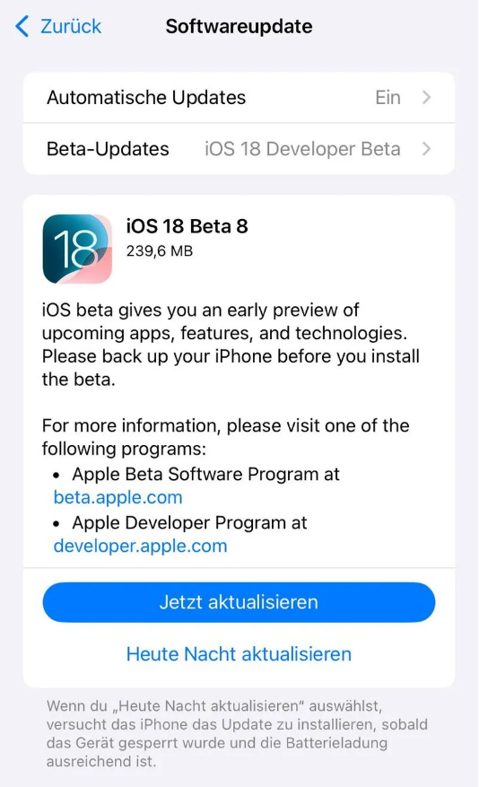 姑苏苹果手机维修分享苹果 iOS / iPadOS 18 开发者预览版 Beta 8 发布 